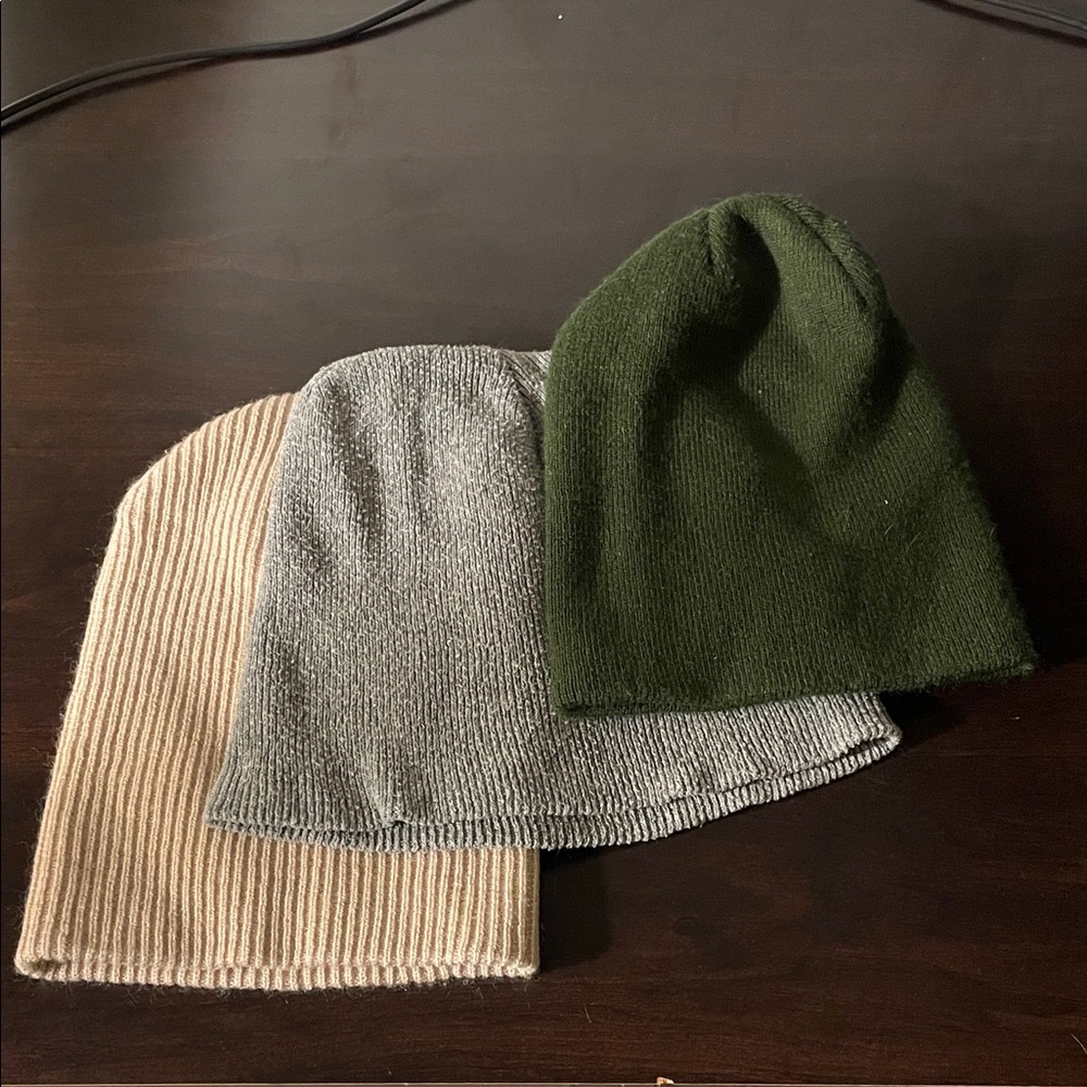 Set of Three Knit Beanies - Green, Gray, and Beige